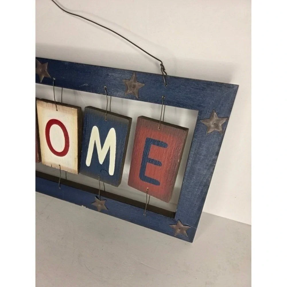 Rustic Americana Wood Welcome Sign Patriotic Red White Blue Star Wall Decor 20in